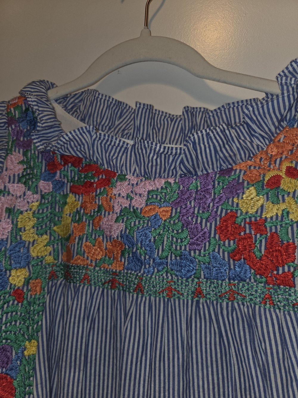 Blue Pinstripe Casual Midi Dress with Multicolor Floral Smocking - Picture 8 of 13